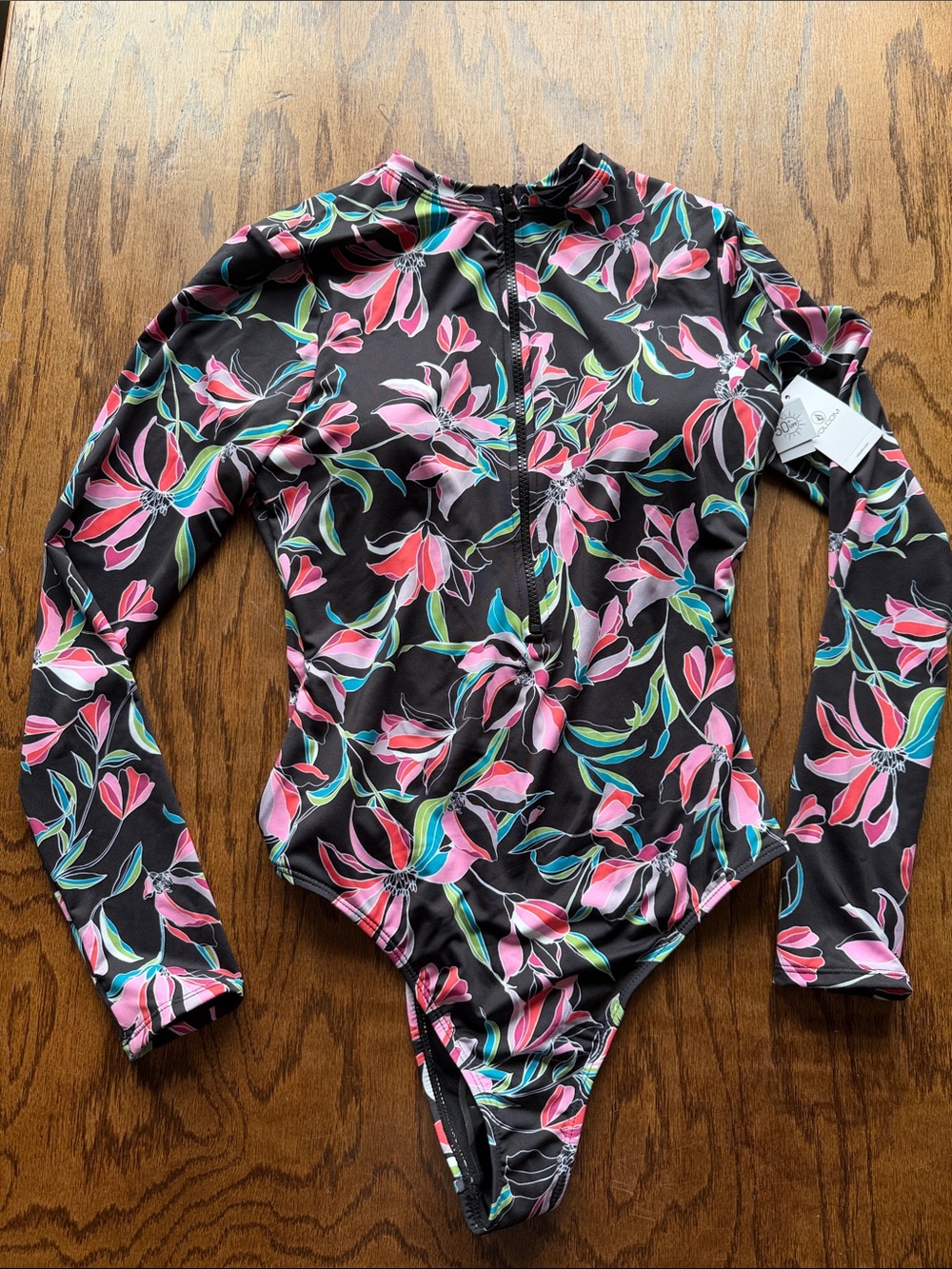 Volcom Black Long-Sleeve Floral Surf Suit Swimsuit